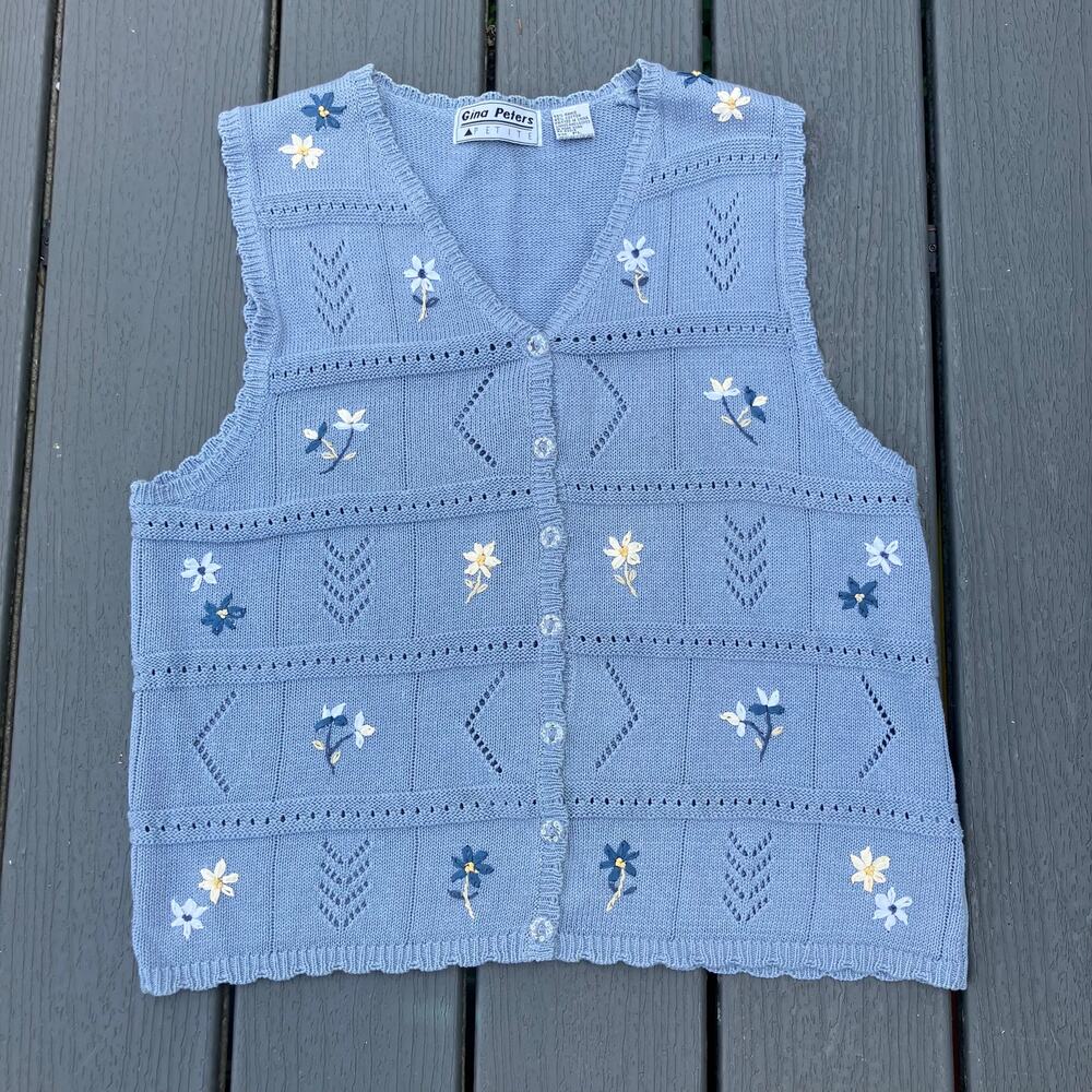 VTG blue floral embroidered knit vest, grannycore cottagecore bohemian farmcore